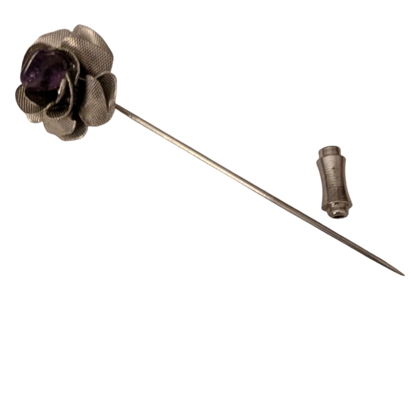 AMETHYST ROSE Silver Vintage Stick Pin 1950 Retro Classic - Picture 4 of 7